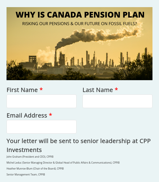 A screenshot from a petition (pre-populated letter) to be sent to senior leadership at CPP Investments. 