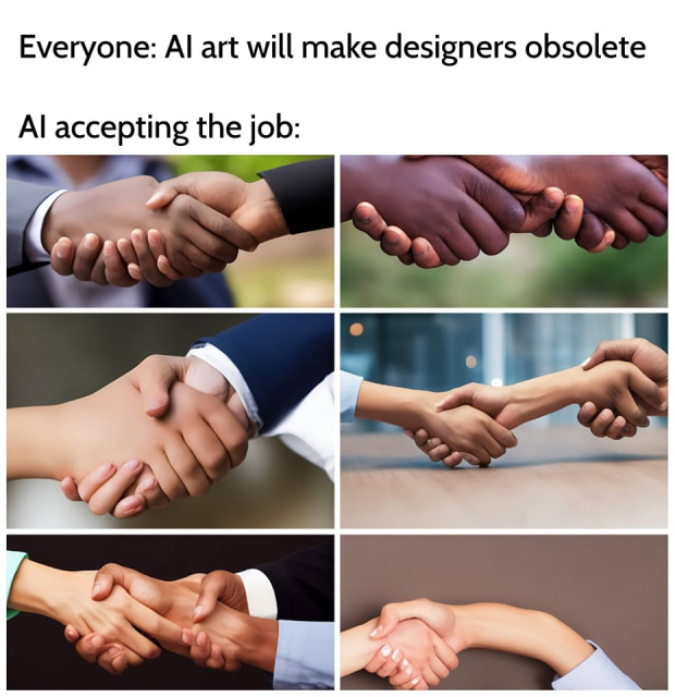 Meme with text saying
"Everyone : AI art will make designers obsolete
AI accepting the job :"
Then 6 AI generated handshakes with lots of topo-biological problems likes 3 or 7 fingers, double hands on the same arm, etc.