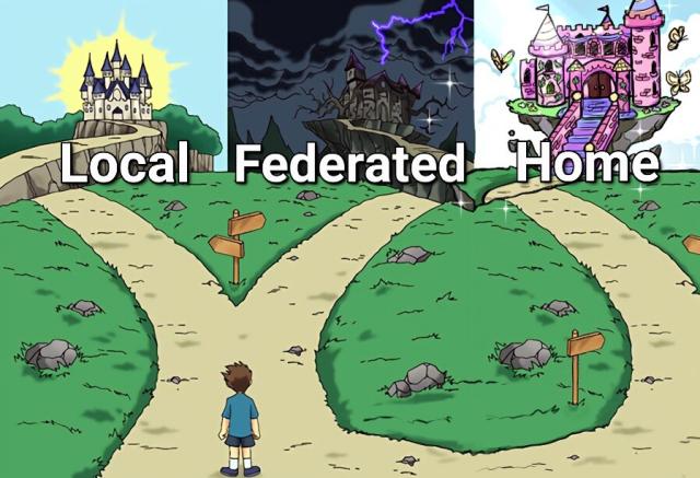 A drawing of a person facing 3 paths, each one leading to a castle.
The first one with the caption "Local" looks nice and have a sunny weather. The second one with the caption "Federated" looks dark and scary, with a stormy weather. The third one with the caption "Home" looks fairy and wonderful.