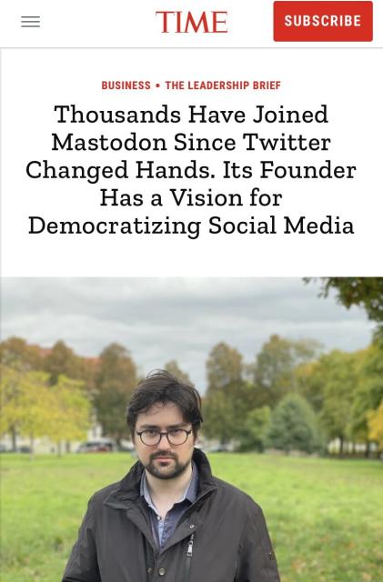 Screenshot of time magazine article on Mastodon and Eugen Rochko