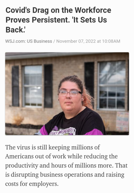 Screenshot of Wall Street Journal headline and intro: The virus is still keeping millions of Americans out of work while reducing the productivity and hours of millions more. That is disrupting business operations and raising costs for employers.