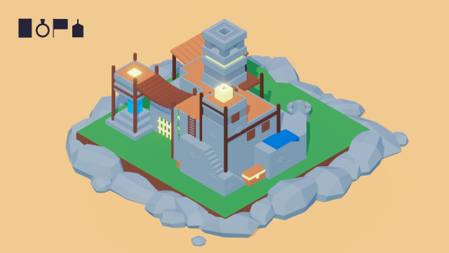 A screenshot from a video game. A simple low poly village with glowing interactive objects hidden throughout.