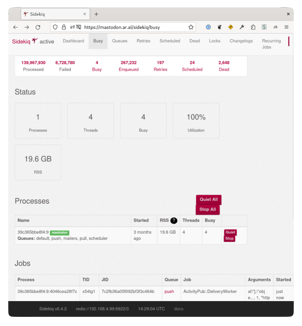 Screenshot of Sidekiq for mastodon.ar.al from before the upgrade showing 267,232 enqueed tasks with 100% utilisation and 19.6GB of database usage.