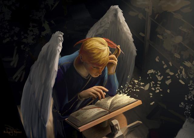 mtg mock card of an angel with book turning to dust