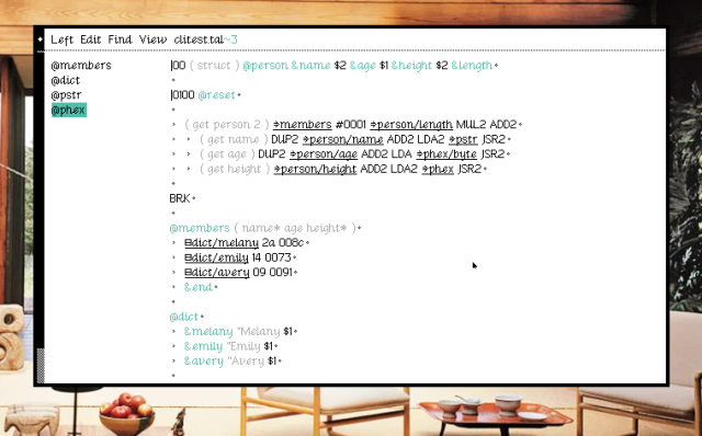 A little program in Uxntal that defines a members database and a uses a Person struct to get the individual cells.