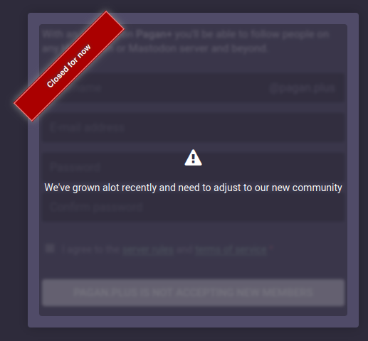 A custom tilted CSS shop sign that says "Closed for now" with the text "We've grown alot recently and need to adjust to our new community"