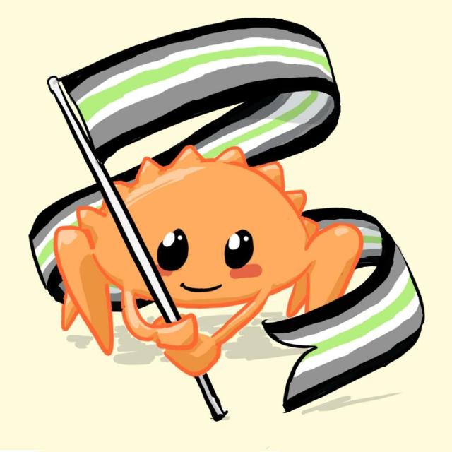 Ferris the crab holding an agender pride banner.