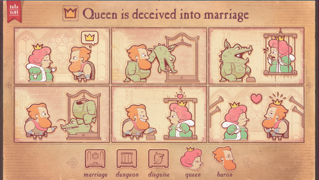 Storyteller screenshot "Queen is deceived into marriage" showing six panels like a comic strip. "Marriage, dungeon, disguise, queen and baron" options along the bottom.
