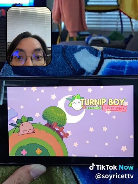 BeReal of my forehead and the Switch on the title screen for Turnip Boy commits tax evasion