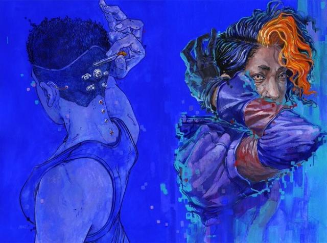 A full colour image of a cyberpunk individual, showing both the front (with orange hair) and the back (with cybernetic jacks hooked into their spine & skull). By Jabari Weathers