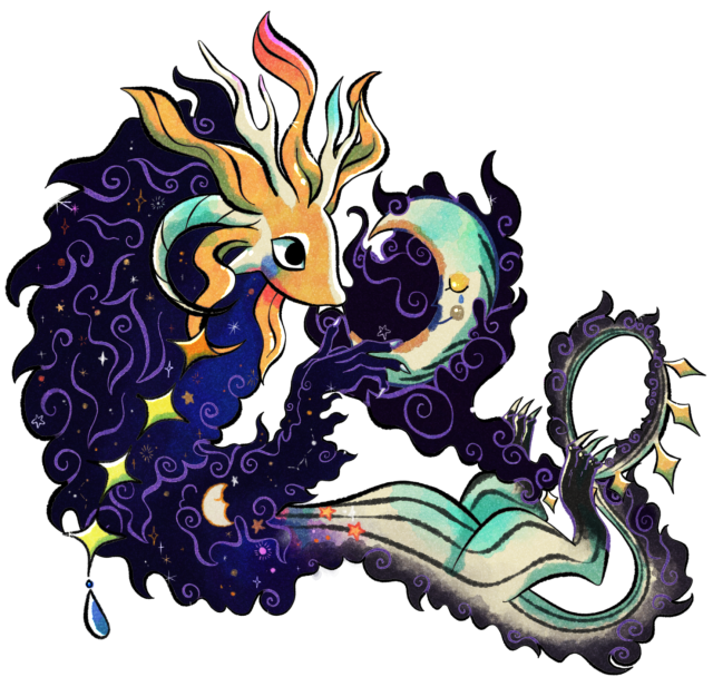 A long mystical dragon with a cloudy galactic mane
