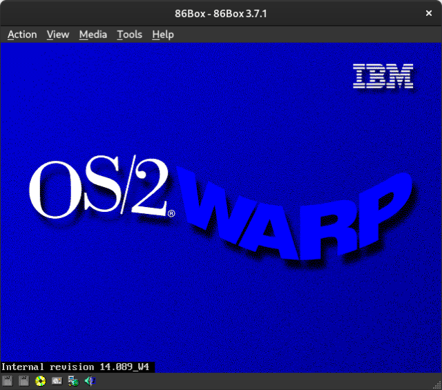 OS/2 Warp splash screen with "Internal revision 14.089_W4" note