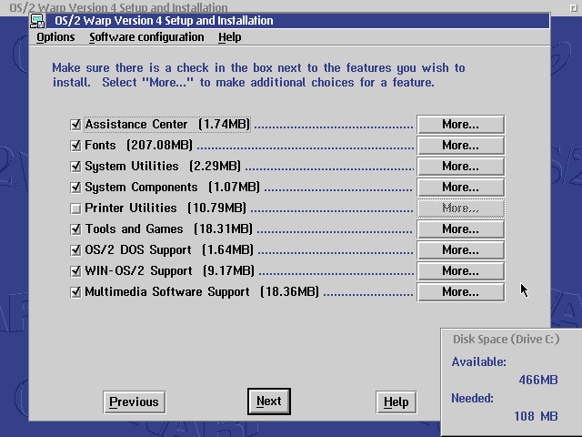 List of software to be installed, with a popup displaying "Needed: 108MB"