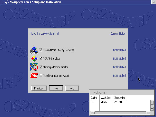 Services setup menu, where you can choose "File and Print Sharing Services", "TCP/IP-Services", "Netscape Communicator" and "Tivoli Management Agent"