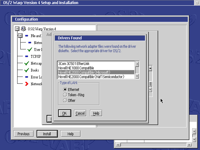 OS/2 installer showing the 3Com EtherLink, NE1000 and NE2000 drivers