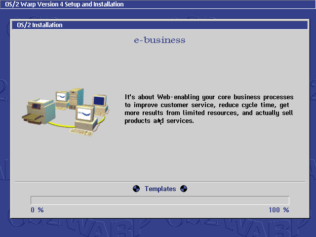 The installer as it shows up immediately after the second reboot: "e-business", "It's about Web-enabling your core business processes to improve customer service, reduce cycle time, get more results from limited resources, and actually sell products and services."