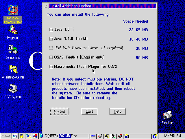default OS/2 Warp 4.52 desktop showing an "Install Additional Options" popup