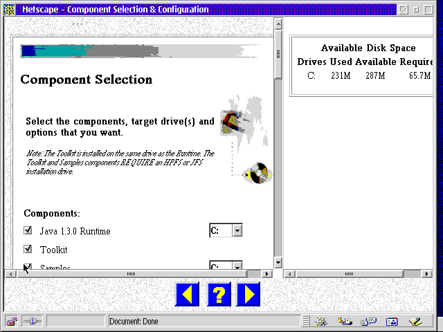 very obvious web view showing a "Component Selection" menu for install