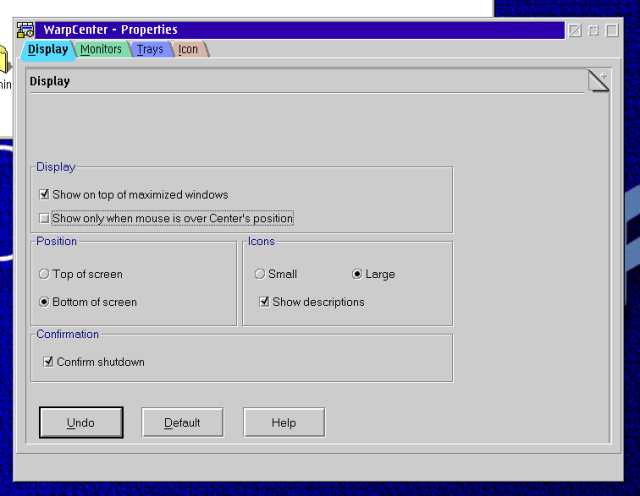 "WarpCenter - Properties" window, showing the desktop settings