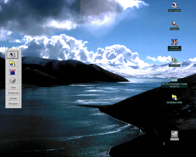 My new OS/2 desktop, with a new icon layout and WarpCenter replaced by the OS/2 Warp 3 toolbar