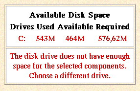 "Required: 576,62M"
"The disk drive does not have enough space for the selected components. Choose a different drive."