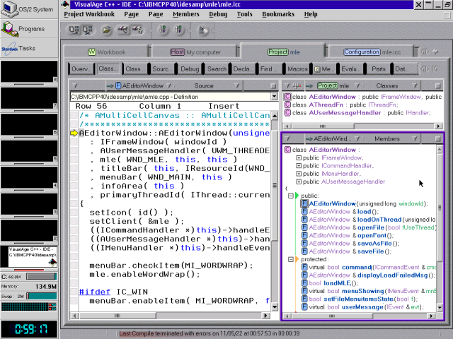 VisualAge C++ 4.0 IDE showing source code for the Open Class windowed application example