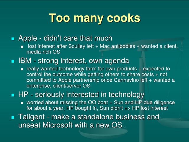"Too many cooks

· Apple - didn't care that much
  · lost interest after Sculley left + Mac antibodies + wanted a client, media-rich OS"
· IBM - strong interest, own agenda
  · really wanted technology farm for own products + expected to control the outcome while getting others to share costs + not committed to Apple partnership since Cannavino left + wanted a enterprise, client/server OS
· HP - seriously interested in technology
 · worried about missing the OO boat + Sun and HP due diligence for about a year, HP bought in, Sun didn't => HP lost interest
· Taligent - make a standalone business and unseat Microsoft with a new OS"