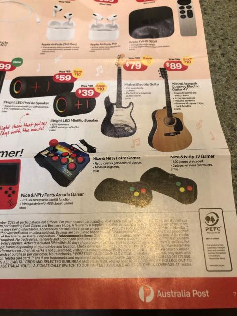 A junk mail brochure from the national postal service showing bluetooth speakers, gamepads and two guitars. 