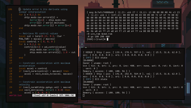 Three terminals are visible. One is showing the Lua code for a PD controller, while the other two are printing the output of the client and server programs.