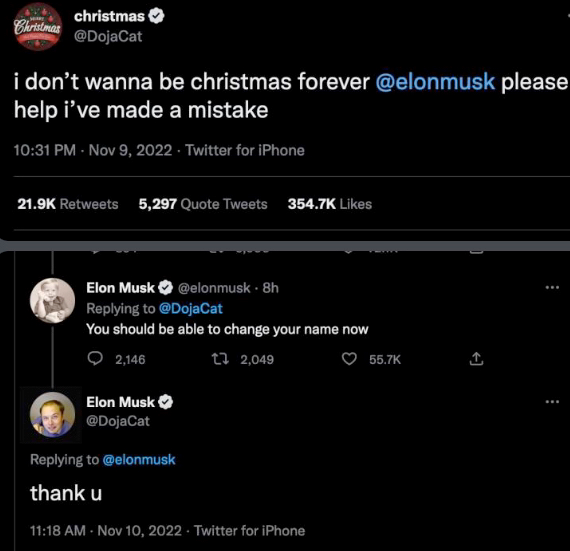 Elon musk unlocks a new Twitter blue user who can't change their name "Christmas" due to a bug. The user then changes their name to Elon Musk with his old photo (immitation is now bannable on Twitter per Elon) and replies "Thanks". Elon is owned, and I'm rolling on the floor with laughter 