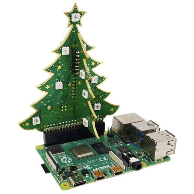 3D Christmas tree shaped P C B attached to Raspberry Pi via G P I O pins. 
