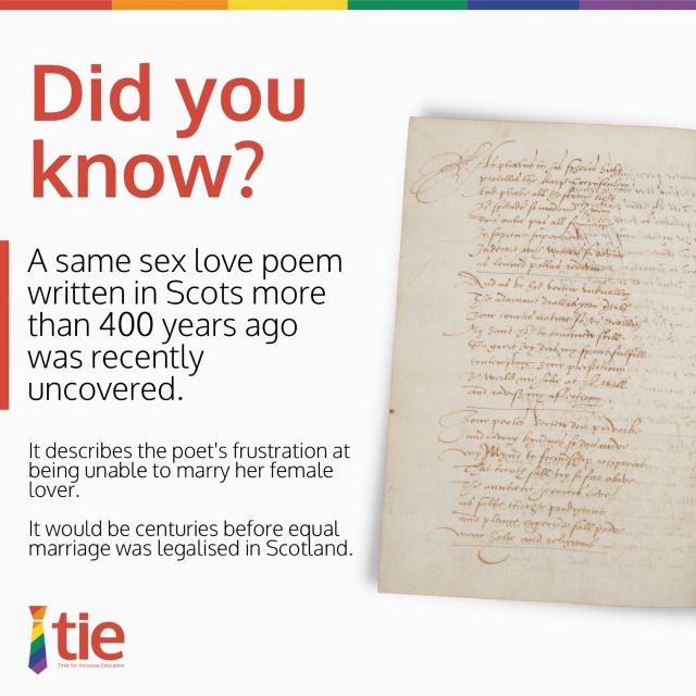 Image highlights Poem 49 of the Maitland Quarto manuscript, a same sex love poem written in 1600s Scotland. It reads “the poem describes the poet’s frustration at being unable to marry her female lover. It would be centuries before equal marriage was legalised in Scotland.”