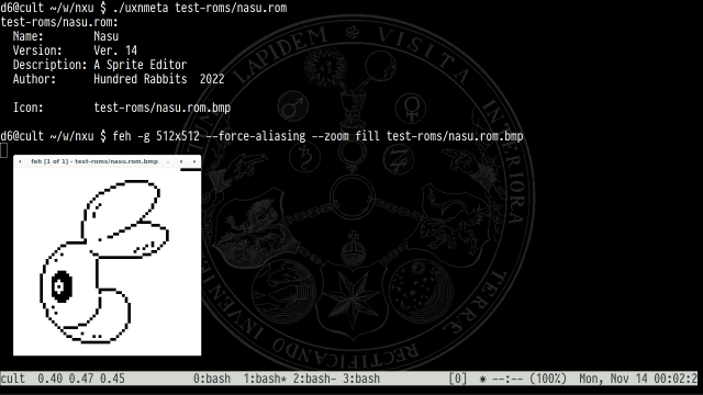 screenshot of a terminal. the metadata for nasu.rom is being displayed along with a bitmap file of its icon.

Name: Nasu
Version: Ver. 14
Description: A Sprite Editor
Author: Hundred Rabbits 2022