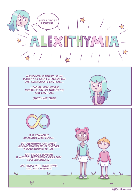 Dee looks thoughtful and says, “Let's start by discussing Alexithymia. Alexithymia is defined as an inability to identify, understand and communicate emotions, though many people mistake it for an inability to feel emotions. That's not true!”
The comic panel shows a group of people smiling and reading the text beside them. It says:
It is commonly associated with autism. But alexithymia can affect anyone, regardless of whether they're autistic or not. Just because someone is autistic, it doesn't mean they have alexithymia. And people with alexithymia still have feelings!