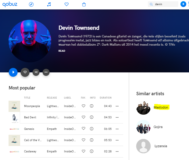 Screenshot of Qobuz web interface, showing 'Mastodon' as being a similar artist to Devin Townsend