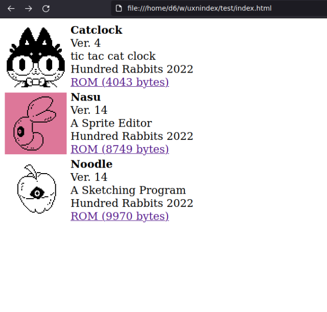 a screenshot of a simple HTML table, with each row corresponding to a rom. it uses the new uxn metadata to draw an icon as well as name, description, author, and a link.