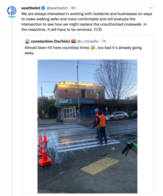 Seattle DOT erasing a crosswalk that local residents had painted