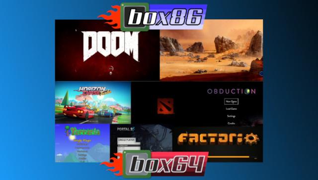 box86 and box64 logos with games that run like Doom in the background