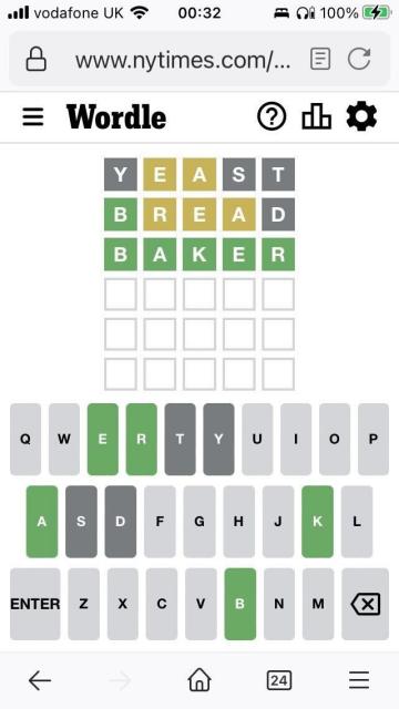 A wordle solution with yeast being the first guess bread being the second and baker being the third. The last two slots for guesses are empty because baker is the correct guess