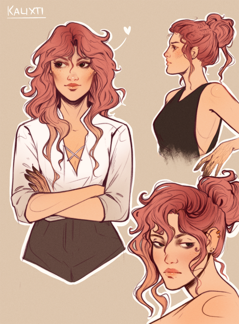 Three portrait sketches of Kalixti, a pale skinned woman with freckles, reddish hair (rose gold) and dark eyes. Her fingertips look as if they are stained with black ink. 
