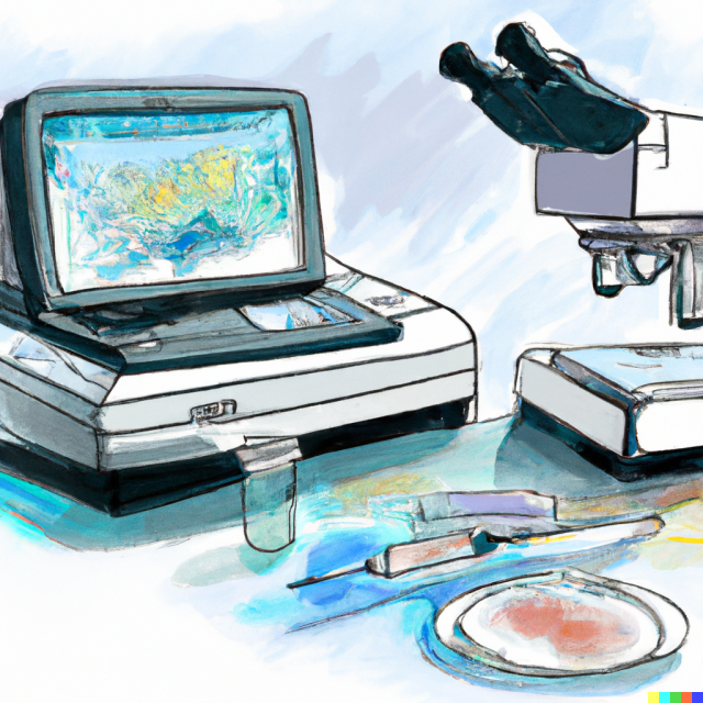 a drawing of a microscope and a computer 