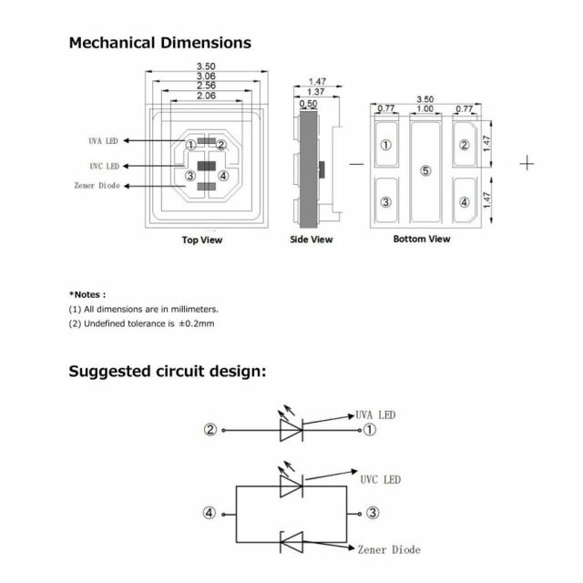 A line drawing of the UVC LED I found on amazon. Dimensions of footprint pads and casing are drawn. Below is a simple schematic showing the two LEDs (UVC and UVA) and their orientation with respect to the footprint pads.