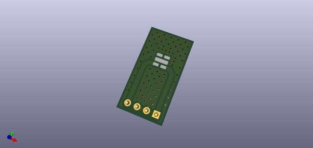 A 3D render or the PCB breakout I designed. The footprint mentioned in the linedrawing is rendered near the top third of the PCB. At the bottom is a strip of pin headers in gold.