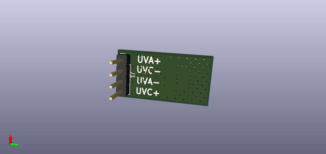 Back of 3d rendered pcb floating in a blue-gray void. White letters denote the pins. UVC/A + and - pins.