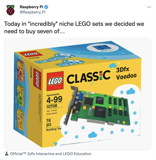 An official looking LEGO box featuring a set to build of a 3 D f x Voodoo graphics card