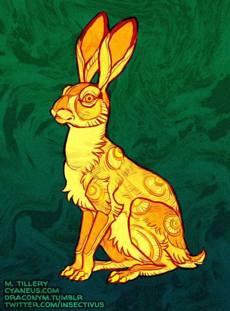 a golden hare with a piercing stare on a marbled green backdrop