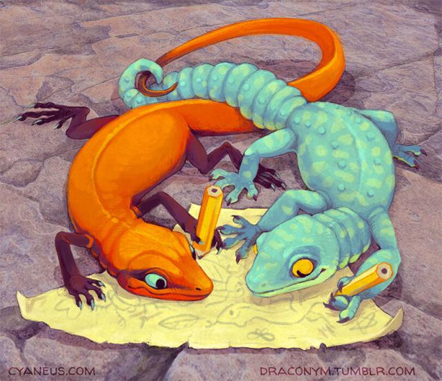 An orange anole and a teal gecko are curled up facing one another on a scrap of paper, doodling with pencils. They look happy.
