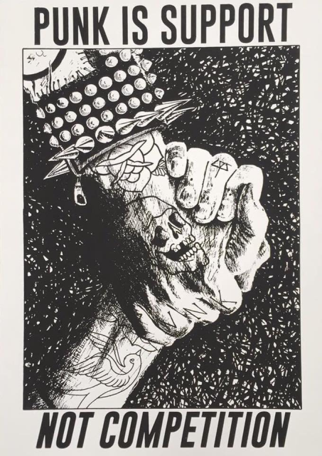 black and white illustration of a tatted up hand clothed in leather and studs and spikes pulling another tattooed hand up

it says "punk is support" above and "not competition" below