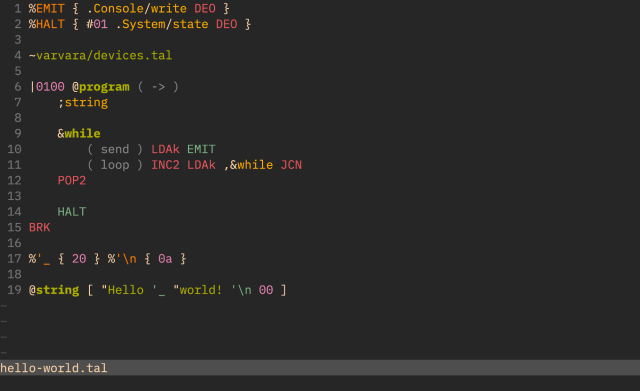 a screenshot of vim with a hello world program written in uxntal. different uxntal words are highlighted in different ways depending on their semantics.