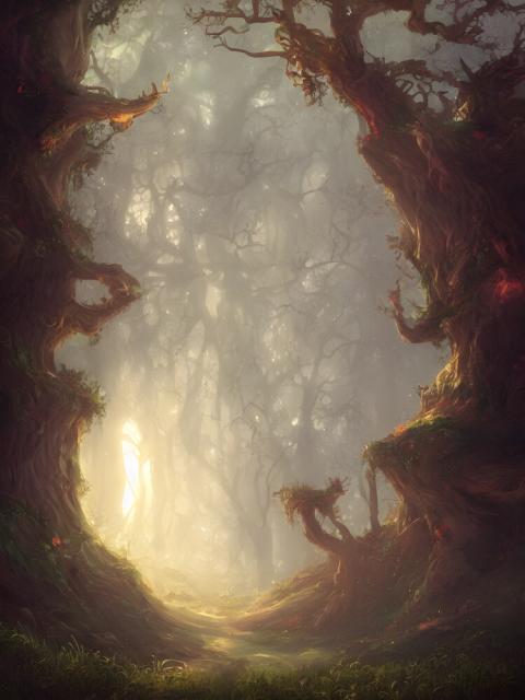 A painting of a fantasy woodlands.